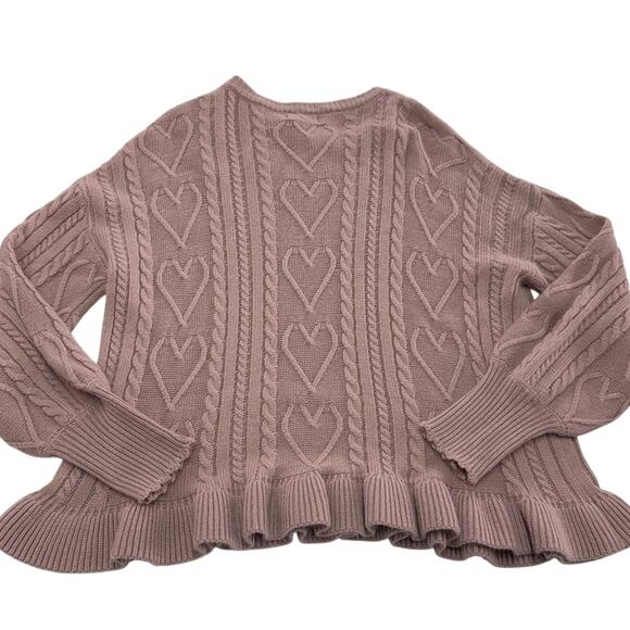 Andrée by Unit Sweater Womens Small Pink Cable Knit Heart Ruffle Hem Pullover - Picture 2 of 6